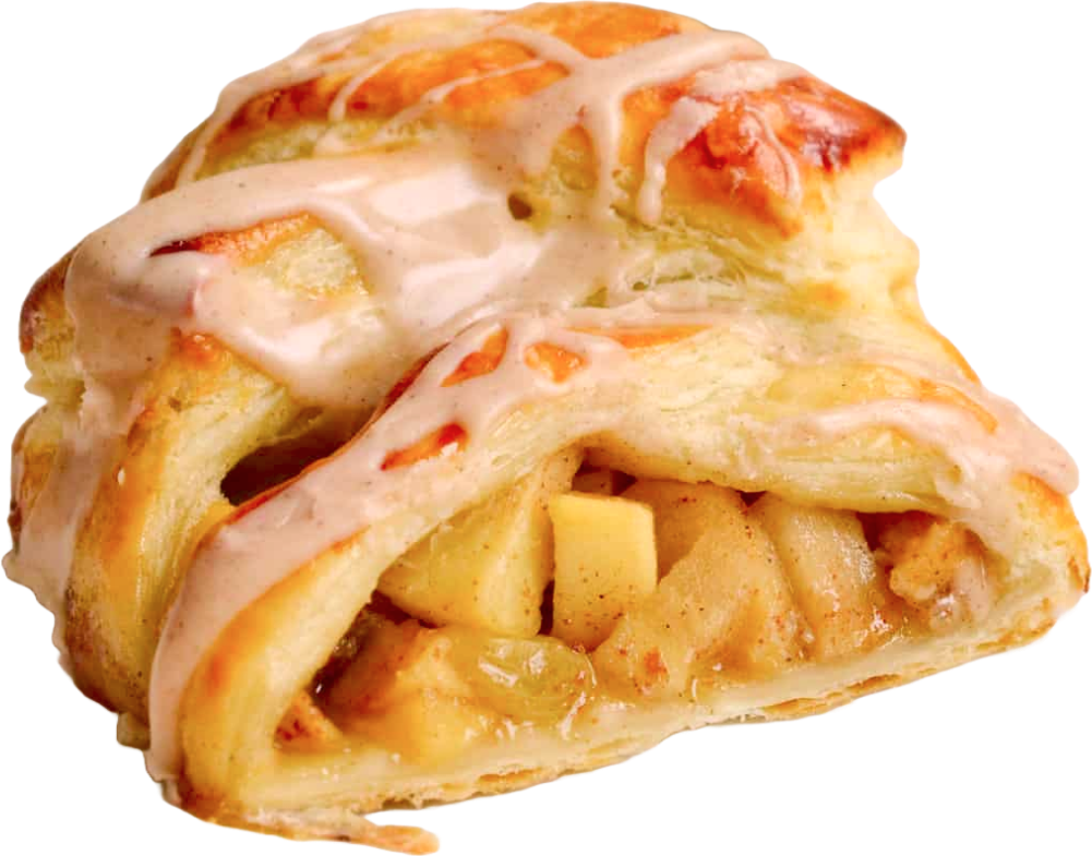 apple strudel cut in half revealing the apple pieces inside