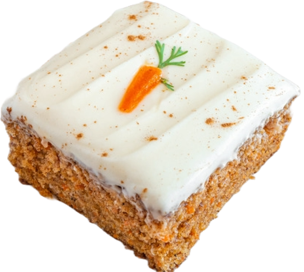 square carrot cake slice with small carrot design frosted on top