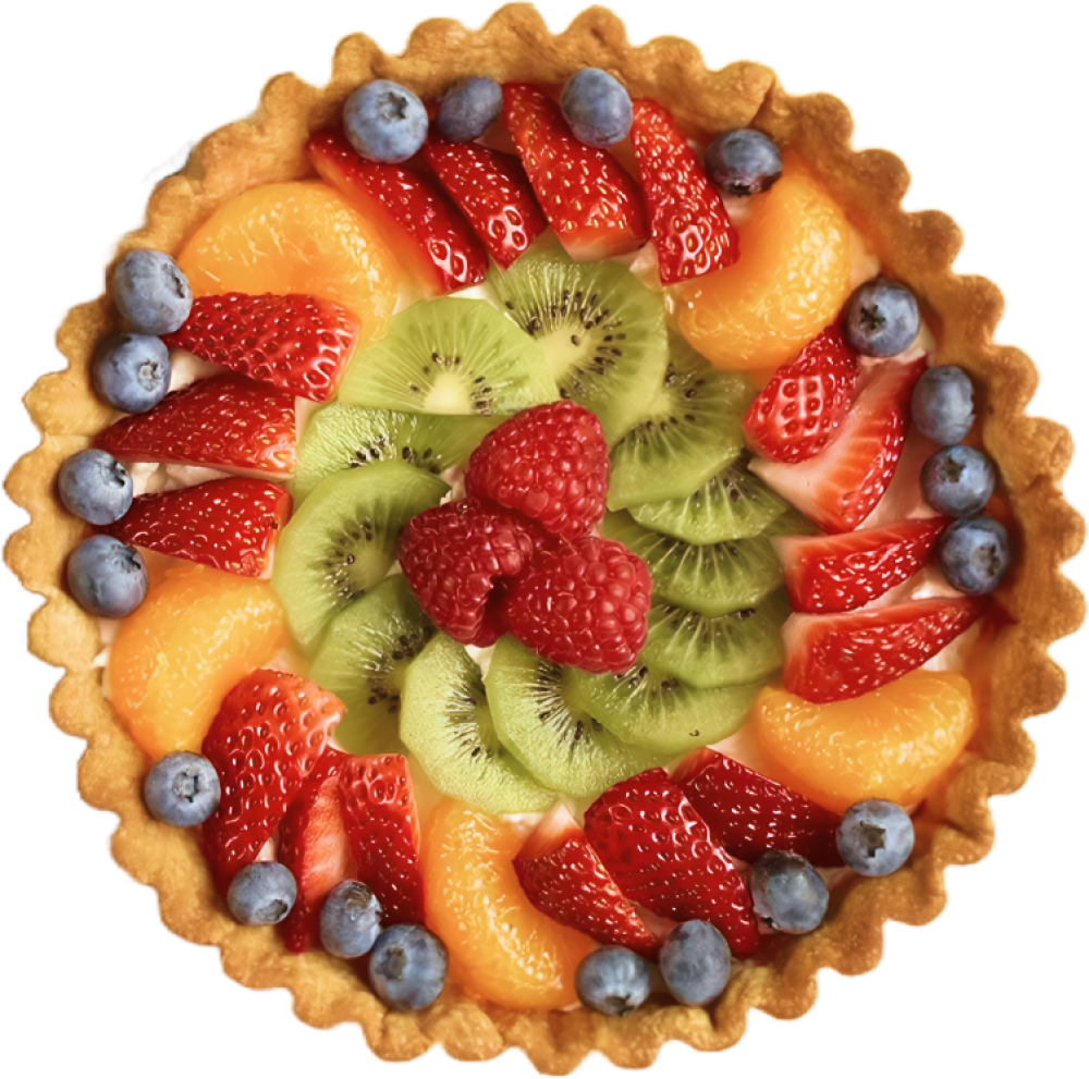 fruit flan with blueberries, strawberries, mandarin oranges, kiwi, and raspberries